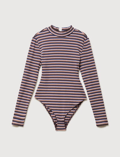 Body ray&eacute; col montant manches longues marron femme
