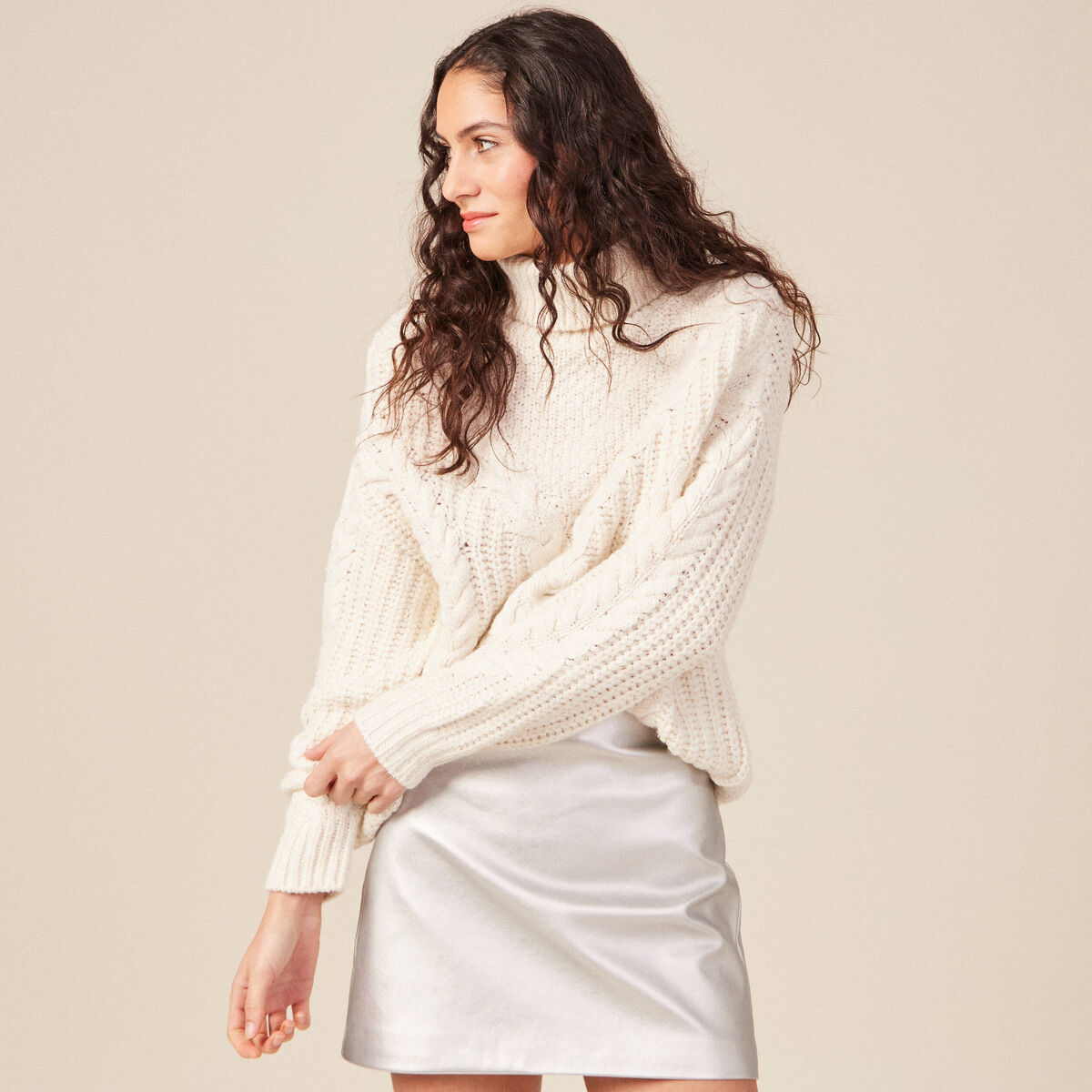 Pull manches longues col roulé ecru femme