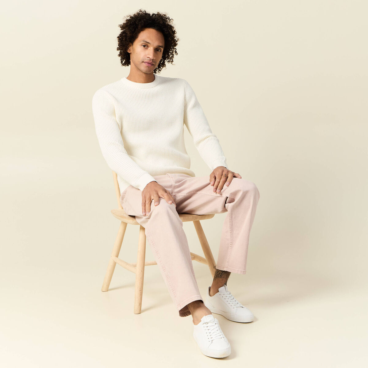 Pull manches longues col rond ecru homme