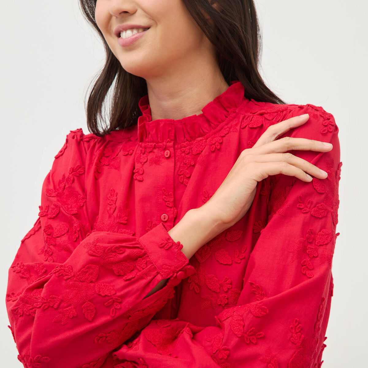 Chemise en coton manches longues rouge fonc&eacute; femme