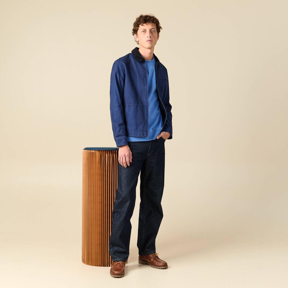Blouson manches longues en coton bleu fonc&eacute; homme