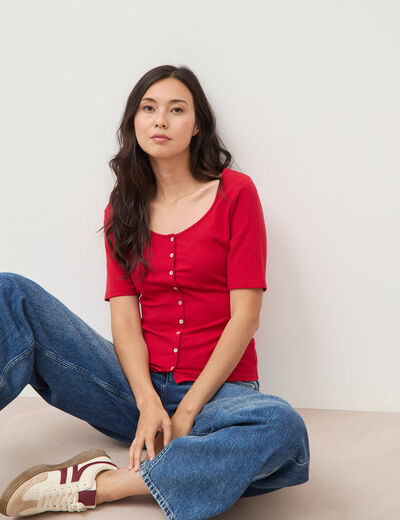 T-shirt c&ocirc;tel&eacute; ajust&eacute; manches courtes rouge femme