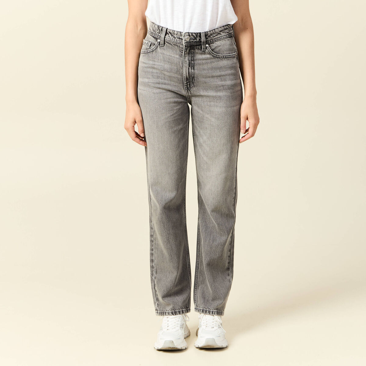 Jeans straight taille haute 7/8&egrave;me denim gris clair femme