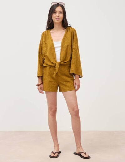 Gilet ajour&eacute; col v manches coude vert olive femme