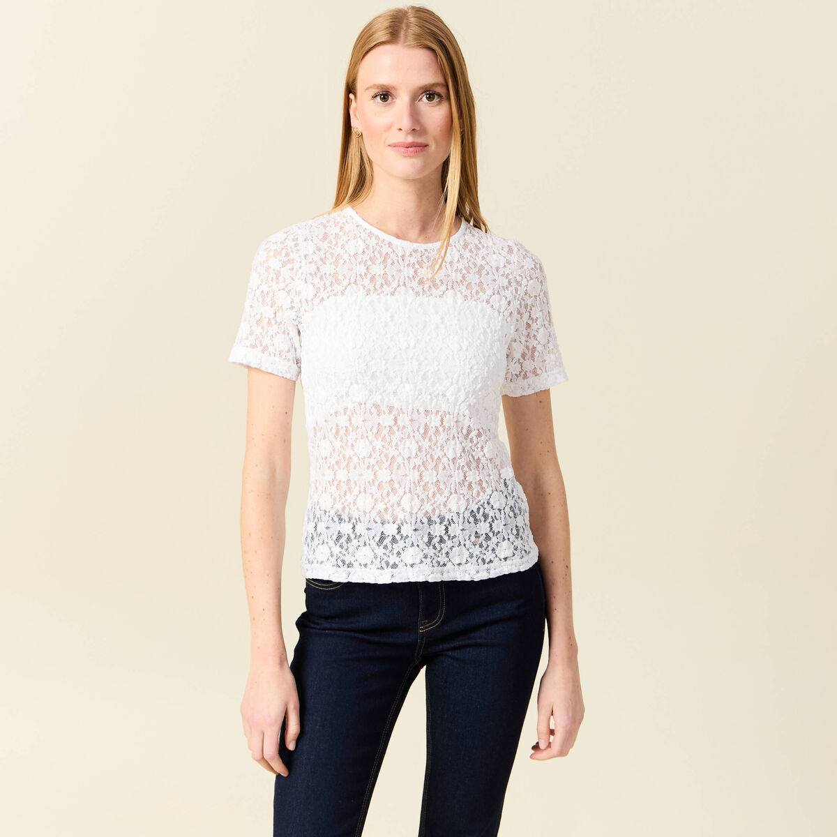 T-shirt cintr&eacute; col rond dentelle blanc femme