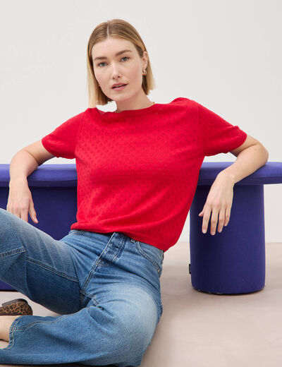 Pull col rond manches courtes rouge fonc&eacute; femme