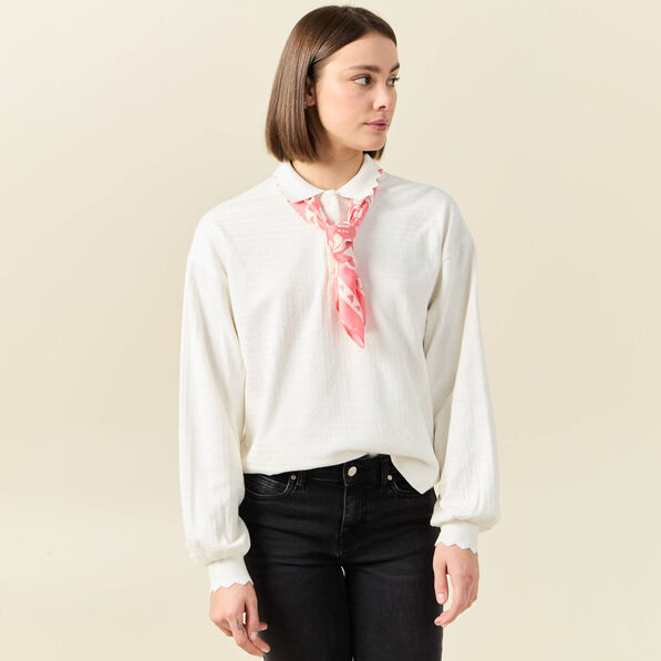 Sweat manches longues col polo ecru femme
