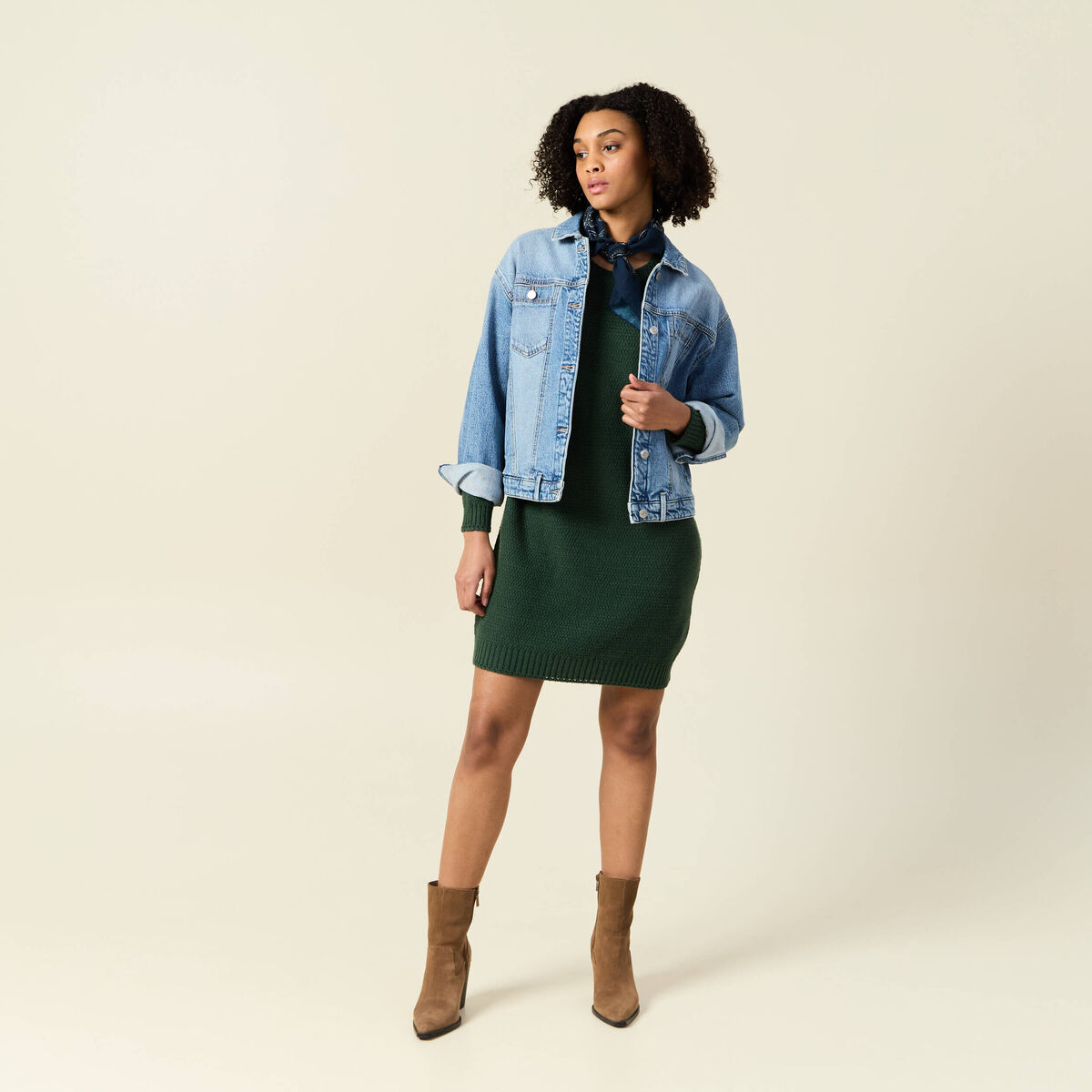 Robe pull droite col bateau vert foncé femme