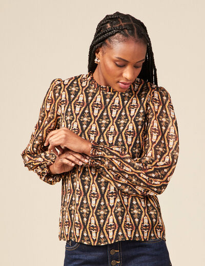 Blouse cintr&eacute;e manches longues col rond camel femme