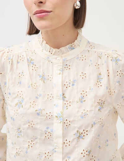 Chemise manches longues col mao bleu femme