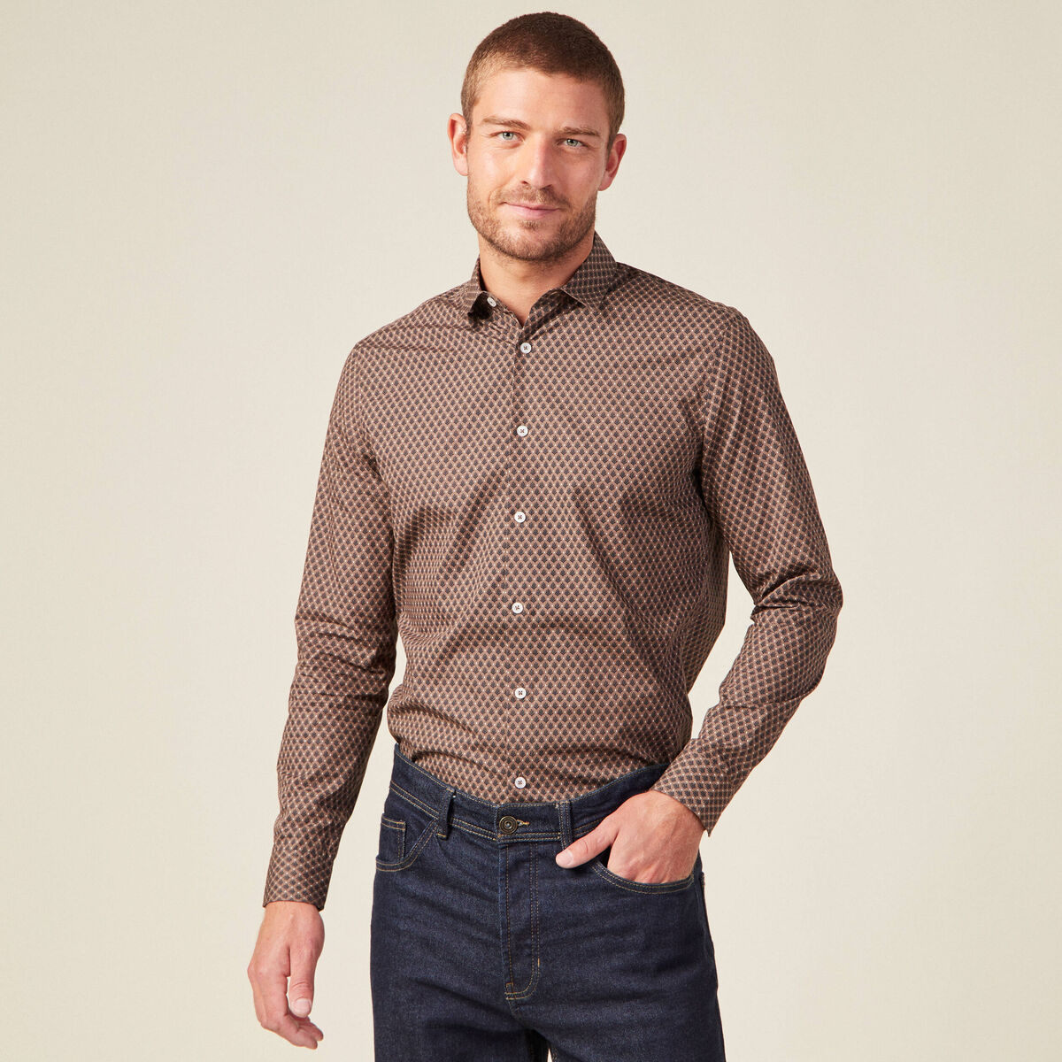 Chemise en coton manches longues marron homme