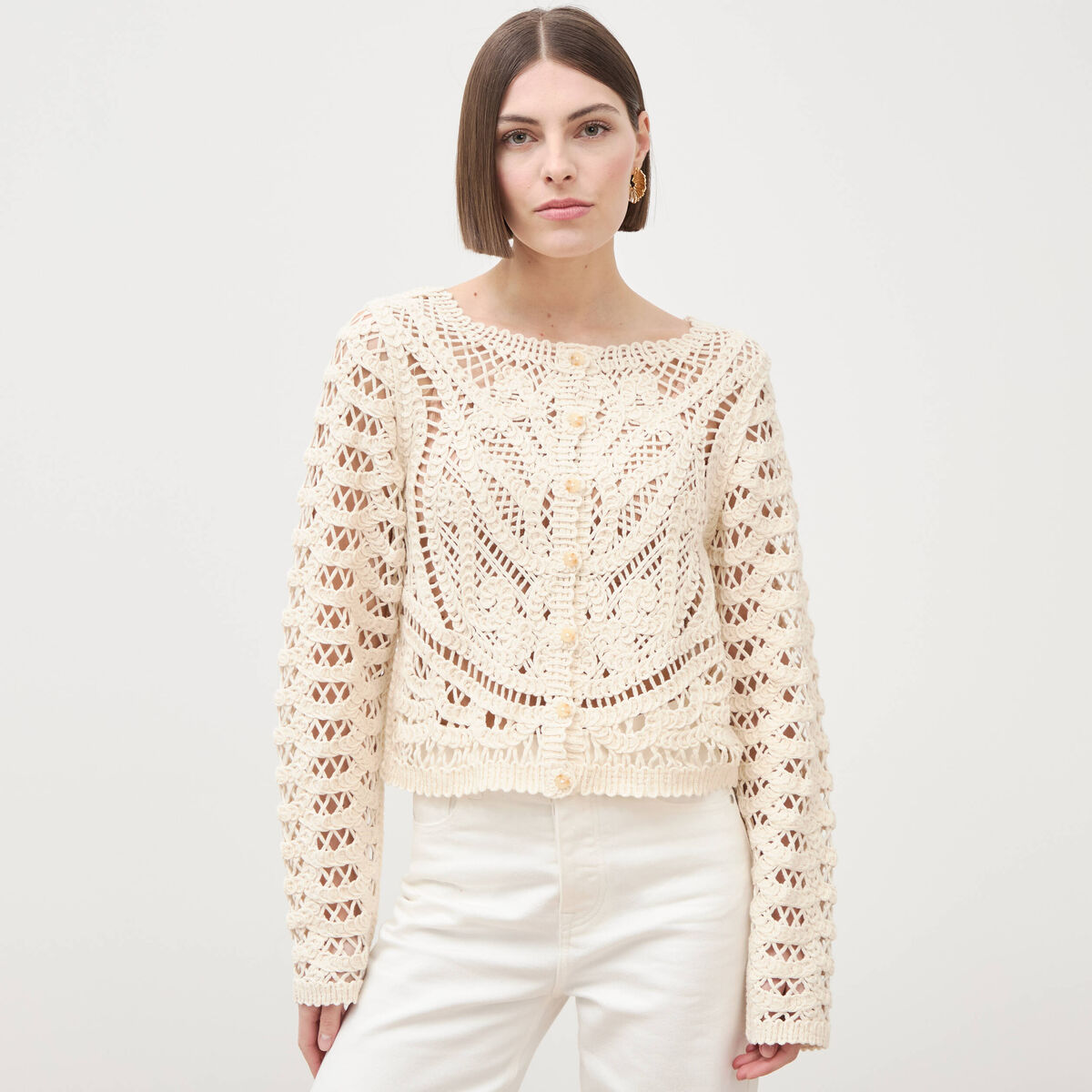 Cardigan droit court manches longues ecru femme