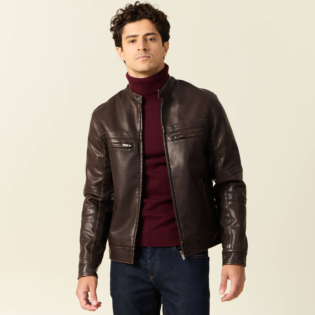 Blouson simili cuir marron foncé homme