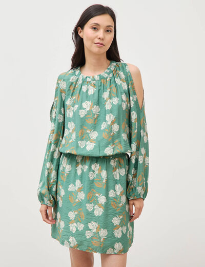 Robe manches longues col rond vert &eacute;meraude femme