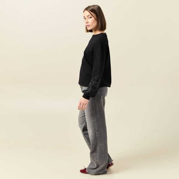 sweat manches longues brodees noir femme Sweat manches longues brodées noir femme