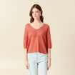 Pull ajour&eacute; col v manches 3/4 rouge fonc&eacute; femme