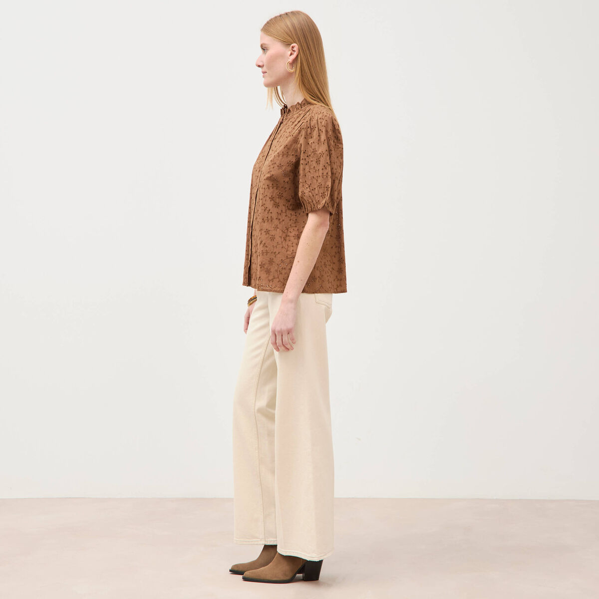 Chemise en coton manches coude marron femme