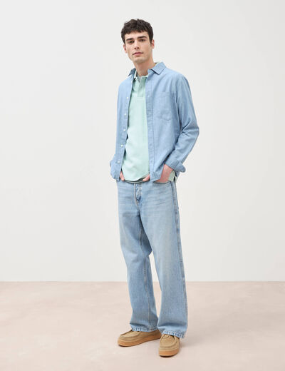 Polo cintr&eacute; manches courtes bleu gris homme