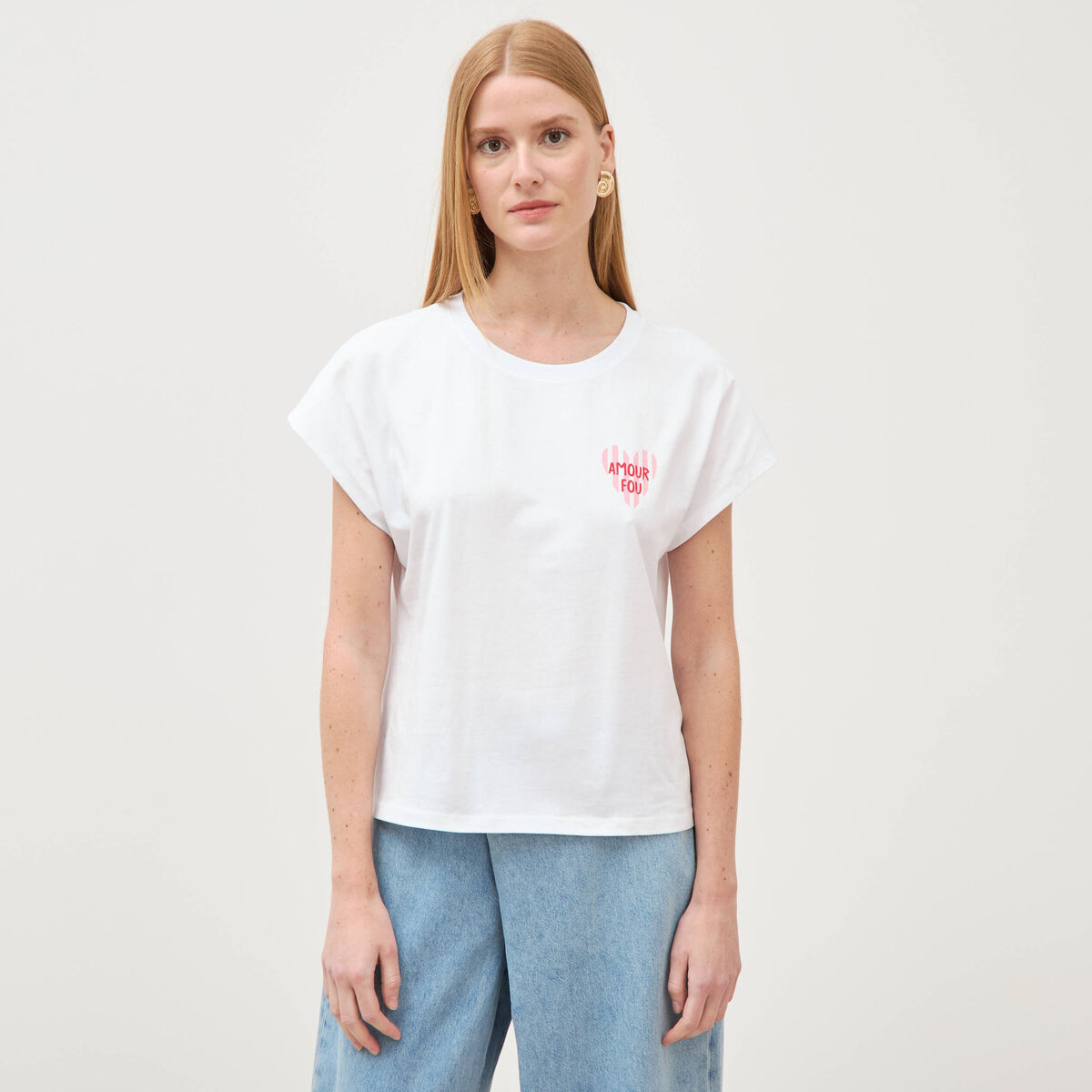 T-shirt droit col rond manches courtes blanc femme