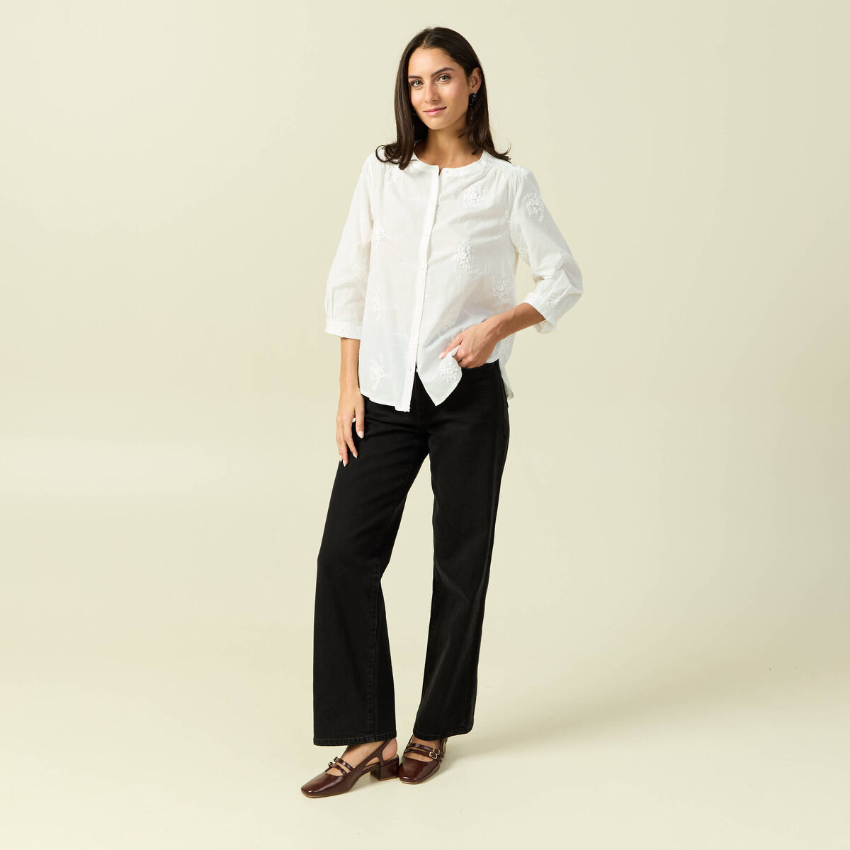 Chemise en coton manches 3/4 ecru femme