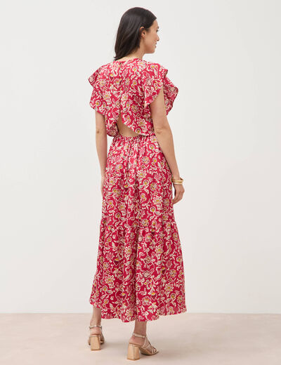 Robe fluide col v manches courtes rouge cerise femme