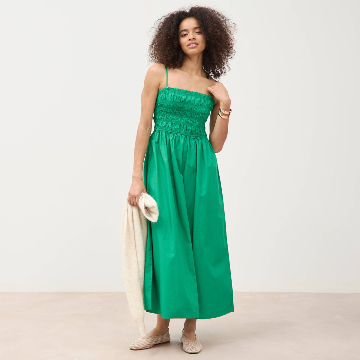Robe bretelles col carr&eacute; en coton vert femme