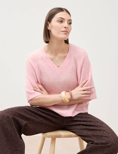 Pull droit col rond manches courtes rose clair femme