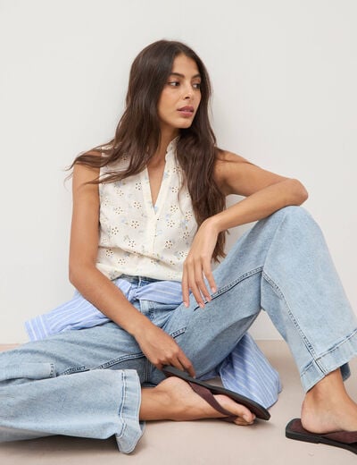 Chemise droite sans manches col montant bleu femme