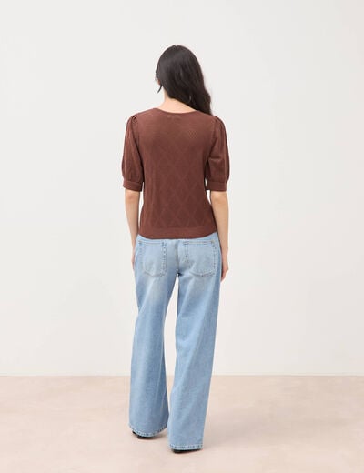 Pull ajour&eacute; droit court manches courtes marron fonc&eacute; femme
