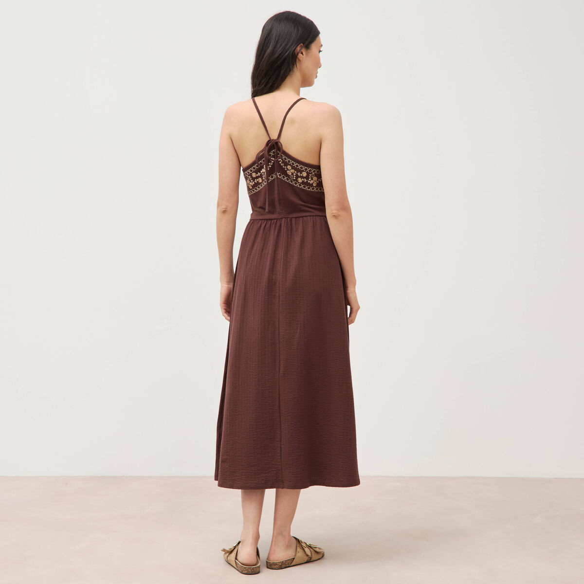 Robe bretelle col carr&eacute; en coton marron fonc&eacute; femme