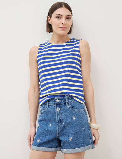 D&eacute;bardeur ray&eacute; col rond en coton bleu femme