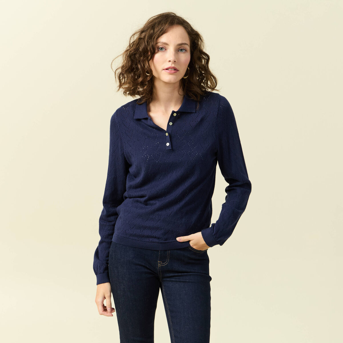 Pull ajour&eacute; manches longues en coton bleu marine femme