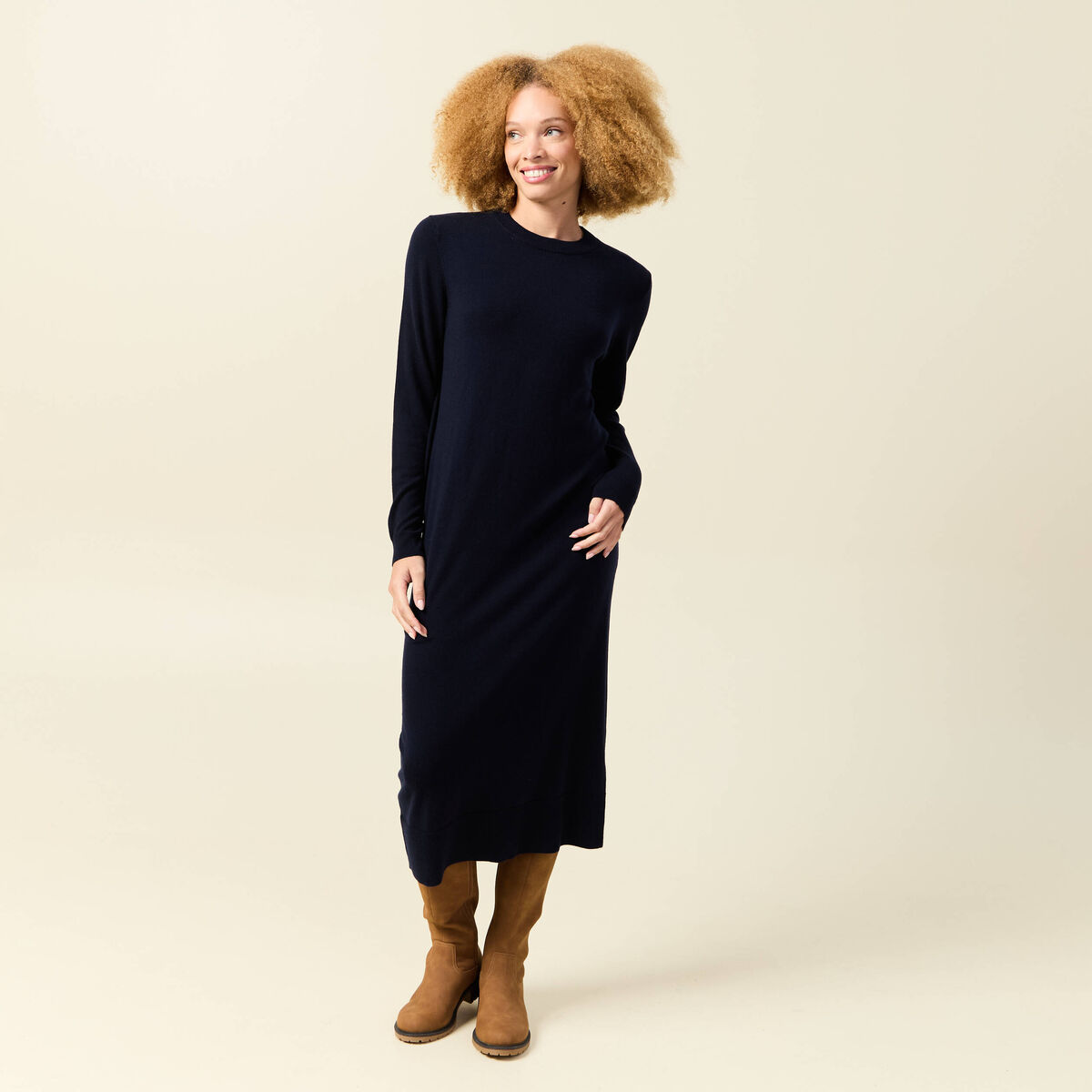 Robe manches longues bleu fonc&eacute; femme