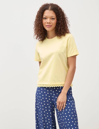 T-shirt droit col rond manches courtes jaune pastel femme