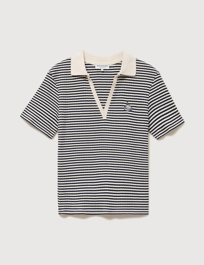 Polo ray&eacute; en coton manches courtes ecru femme
