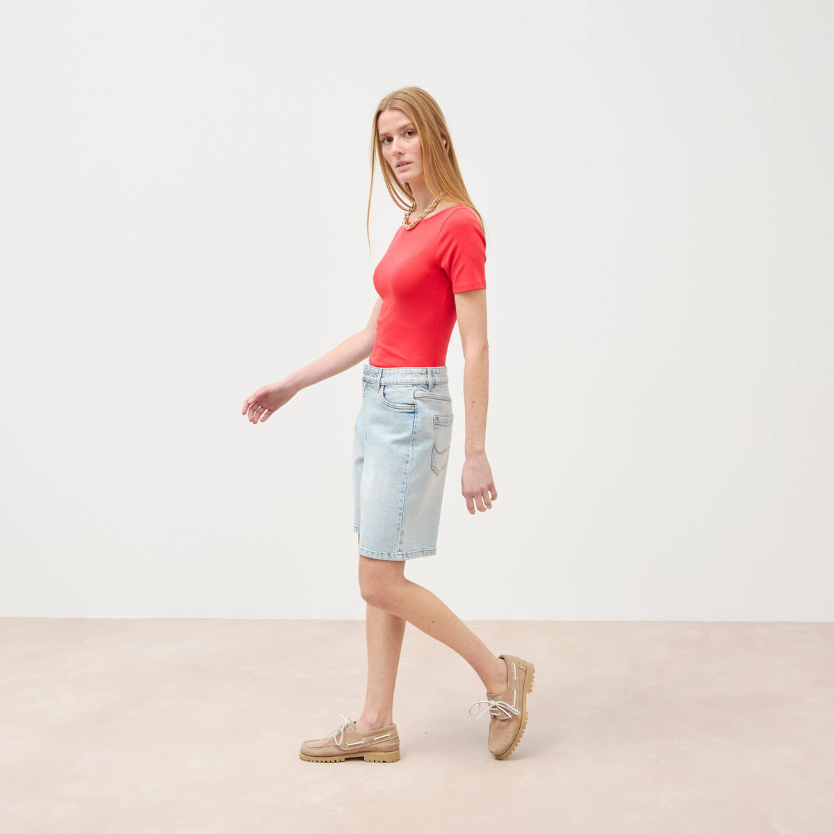 Bermuda jeans large taille haute denim snow bleach femme