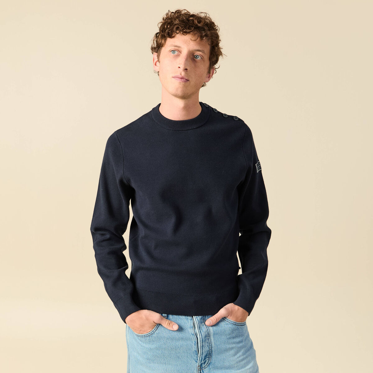 Pull fin manches longues col rond bleu marine homme
