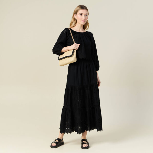 Jupe longue évasée brodée noir femme