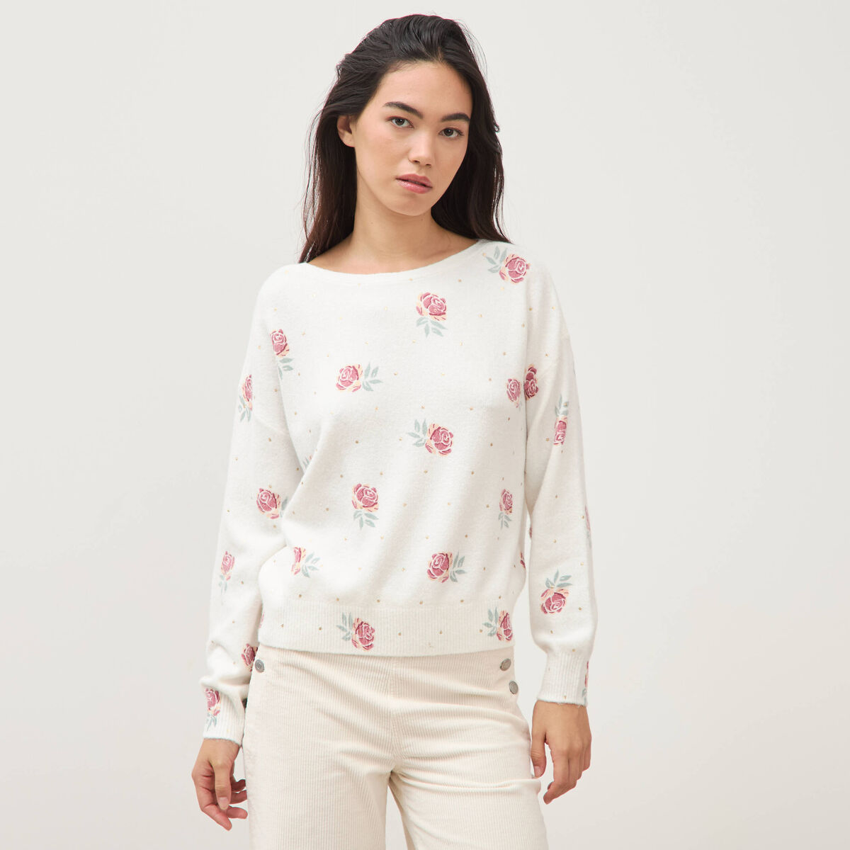 Pull col bateau manches longues ecru femme