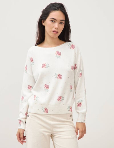 Pull col bateau manches longues ecru femme