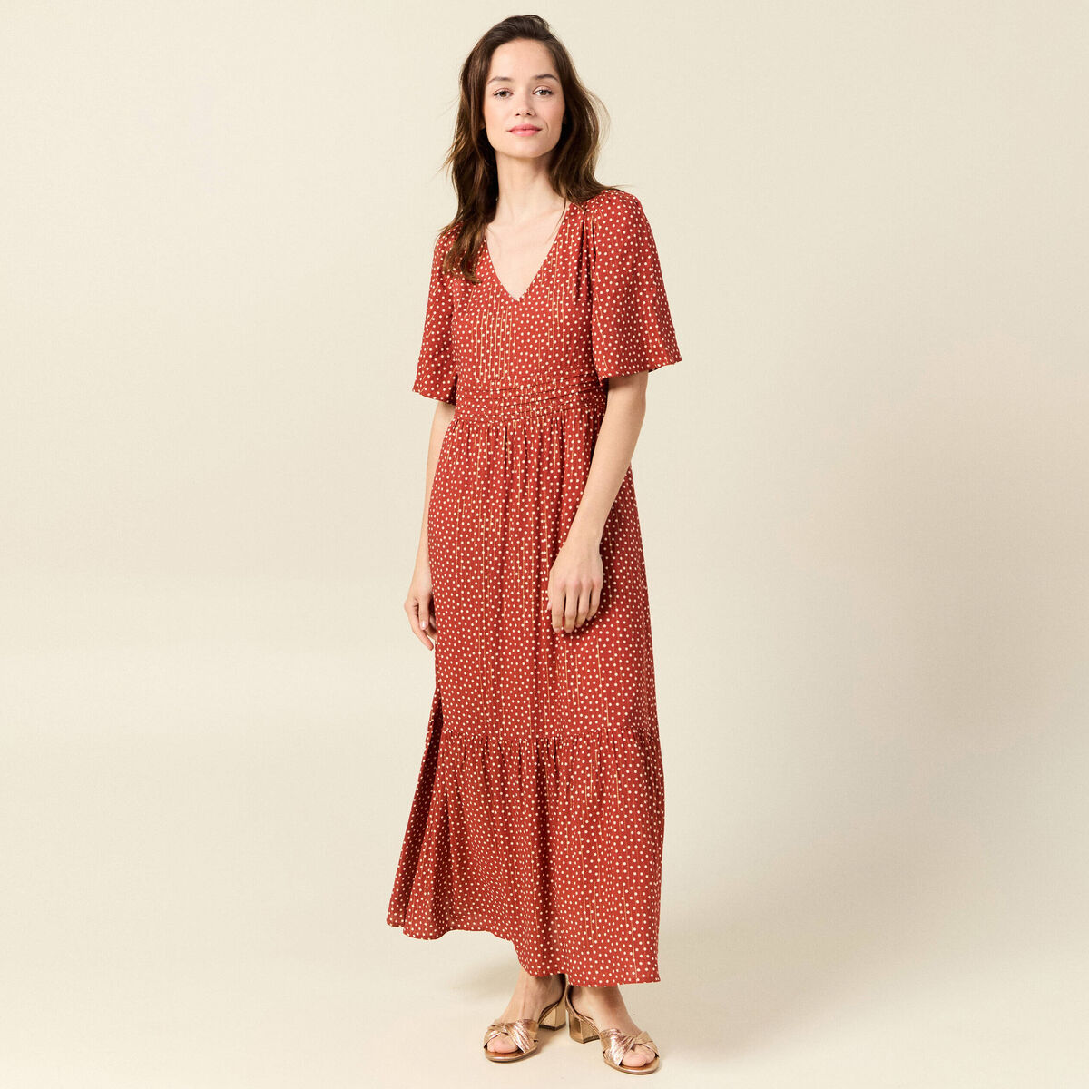 Robe longue évasée fluide orange foncé femme