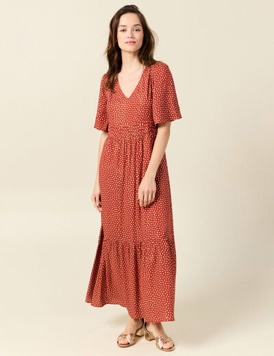Robe longue évasée fluide orange foncé femme