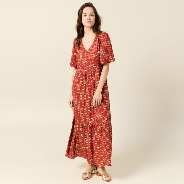 robe longue evasee fluide orange fonce femme Robe longue évasée fluide orange foncé femme