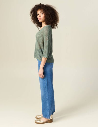Pull col en V éco-responsable vert kaki femme