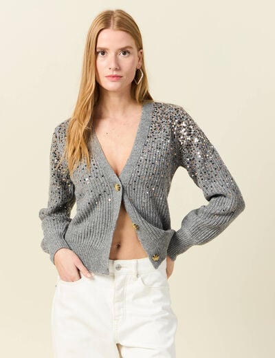 Gilet boutonn&eacute; &agrave; sequins gris femme