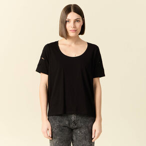 T-shirt manches courtes brodé noir femme