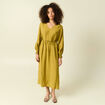 Robe longue droite col v manches longues vert olive femme