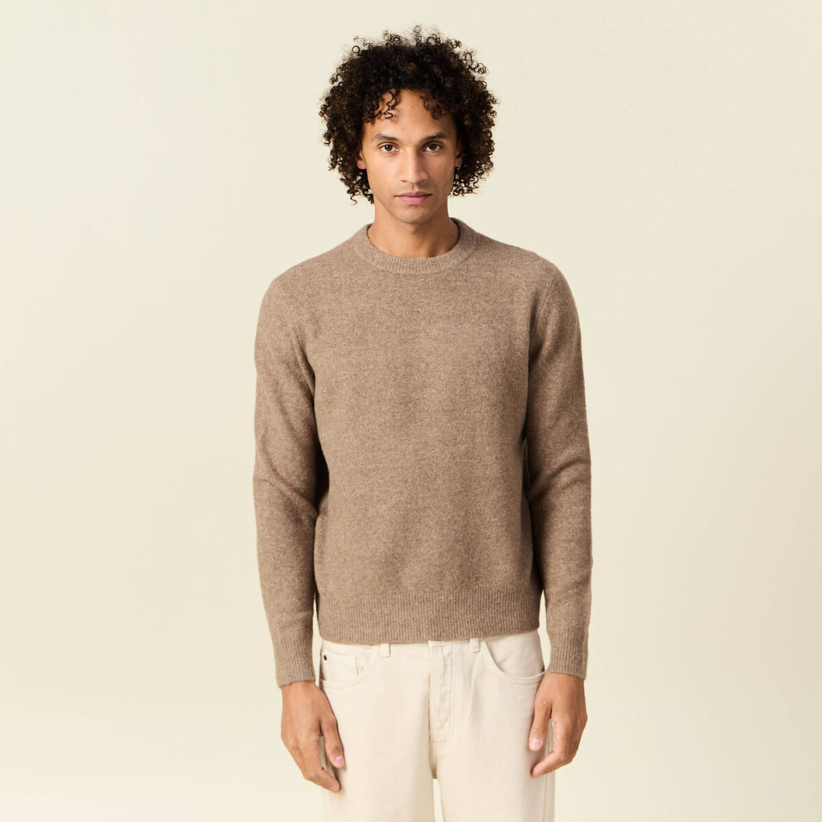 Pull manches longues col rond taupe homme