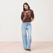 Pull ajour&eacute; droit court manches courtes marron fonc&eacute; femme