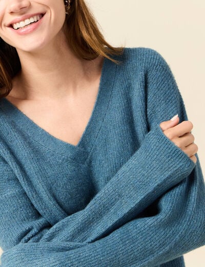 Pull manches longues col en V bleu gris femme